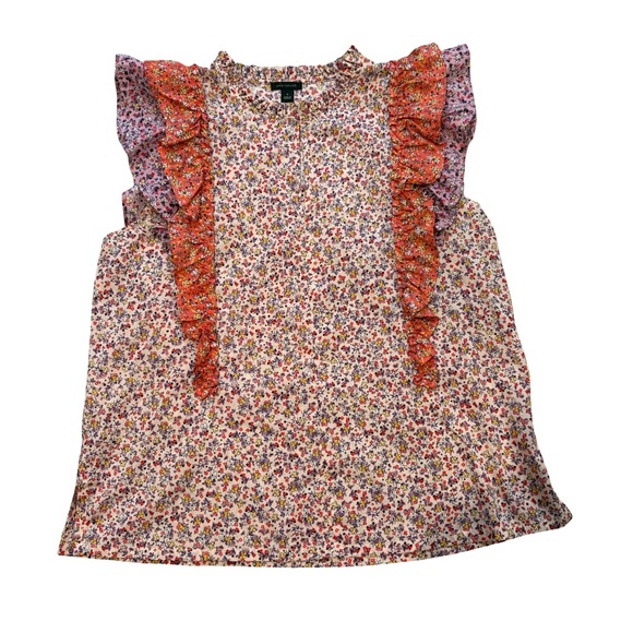 Ann Taylor Purple Orange Floral Ruffle Flutter Keyhole Button Blouse, Sz M - Picture 11 of 14